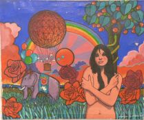 Retro 1960's psychedlic/ hippie oil/acrylic on canvas the Garden of Eden with elephant,