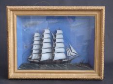 A sailing ship /seascape diorama with three masted schooner and steam tug, framed and glazed,