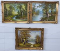 Three framed oil on canvas paintings of trees around lakes (30 x 40cm) together with an oval framed