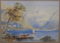 A 19thC watercolour of fishermen on Italian lake with mountains,
