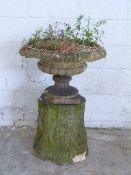 Cotswold Coade stone or similar 19thC or early 20thC garden urn on tree trunk style base,