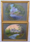 Two oval acrylic landscapes,