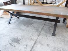 Ex-Superdry stores rustic industrial style x framed table with distressed metal top,