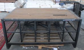 Large ex-Superdry stores shopfitting or haberdashery table with rustic planked top and mesh cubby