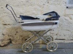 Raleigh vintage dolls pram in white and grey with hood and cover,
