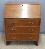 Small mahogany bureau with fall flap, fitted interior and three graduated drawers,
