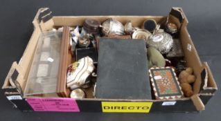 Silver plated items including a set of knives with ivory handles, white metal trinket boxes,