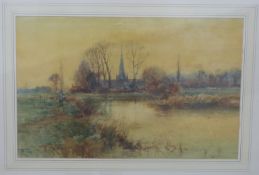 Henry Charles Fox watercolour Stratford church from the Avon with fishermen,