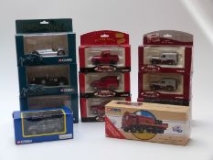 Twelve Corgi diecast model vehicles including Legends of Speed, Motoring Memories, Royal Mail,