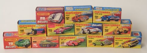 Twelve Matchbox Rola-matics 1-75 series diecast model vehicles 10, 16, 20, 28, 35, 39, 47, 57, 67,