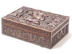 Chinese box with carved decoration depicting dragons, birds & foliage,