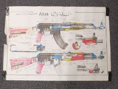 An AK47 diagram or explanatory poster with Eastern script,