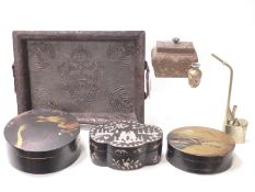 Chinese opium pipe with Chinese script & figural decoration, two Japanese lacquer boxes,