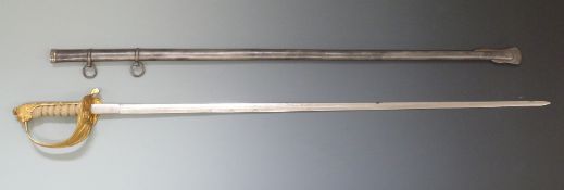 Royal Navy officer's sword with decorated blade with hinged guard,