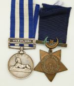 Egypt and Khedives star medal pair, the Egypt medal with Suakin 1885 clasp awarded to 7565 Pte F.