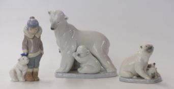 Two Lladro figures of polar bears with cubs and a Lladro Eskimo / Inuit child with polar bear cub