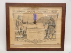 A framed certificate and medal relating to the French Army and the occupation of the Rhineland and