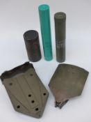 British Army entrenching shovel tool with case together with three pyrotechnic containers