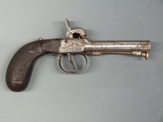 Unnamed side by side percussion hammer action belt pistol with engraved locks,