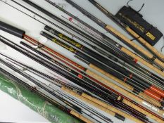 A collection of coarse fishing rods and umbrella to include Tri-cast 10m carbon pole,