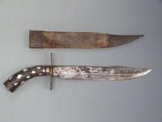 Ceylonese dagger with mother of pearl insets to handle and wooden scabbard with engraved locket and