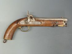 Percussion hammer action service pistol with engraved Arabic acript to the lock, captive ramrod,