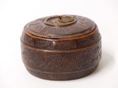 A terracotta tea pot/ box with a metal glaze, inset auspicious symbol decoration and mark to base,