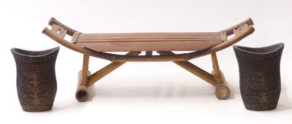 A pair of 19th / 20thC Chinese carved wooden brush pots and a bamboo pillow