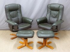 A pair of modern chairs with footstools