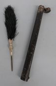 Late 18th / early 19thC plume in black with silver boss and brass stay, length 35cm,