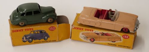 Two Dinky Toys diecast model cars Packard Convertible with brown body and red interior and hubs 132