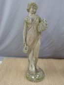 A reconstituted stone figure of a lady holding urns