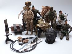 Seven Action Man figures together with various vehicles and accessories, a model of a cannon,
