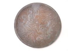 Japanese plated bronze charger with decoration depicting a warrior having a vision of a geisha with