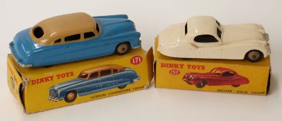 Two Dinky Toys diecast model cars Jaguar XK120 Coupe with cream body and brown hubs 157 and Hudson