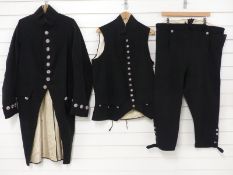 A Georgian gentleman's tailcoat, waistcoat and breeches all in black cloth,