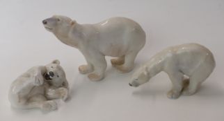 Three Copenhagen and Bing and Grondahl polar bear figures including models 321 and 729