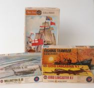 Five Airfix and Revell model kits including HMS Prince, Fishing Trawler, Avro Lancaster B1,