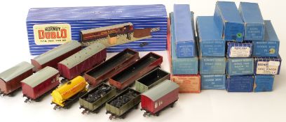 Twenty-six Hornby Dublo 00 gauge wagons and vans including TPO Mail Van Set, tankers etc,