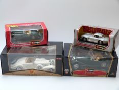 Four Burago and Maisto 1:18 and 1:24 scale diecast model cars including Premier Edition and Special