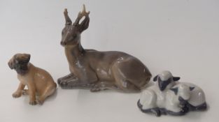 Three Copenhagen animal figures including deer,