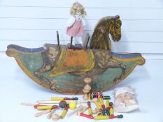 Vintage wooden sandwich board style rocking horse together with various wooden toys etc,