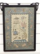 Eastern silk picture depicting man fishing, further figures, pagoda and wildlife,