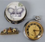 Victorian enamel badge inscribed Special Service 1893 together with a trinket box and an Ingersoll