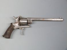 Belgian 7mm pinfire six-shot double action revolver with moulded bakelite grips,