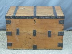 Pine travelling trunk with metal corners and mounts,