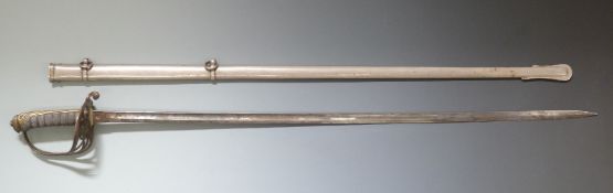 British Army Infantry officer's sword c1860 with Gothic pierced gilt brass half basket hilt,