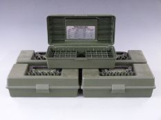Five MTM Case-Guard 12 bore shotgun cartridge travel boxes with labels for recommended cartridge