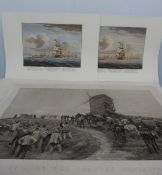 Seven military interest etchings, some coloured, three relating to the Battle of Waterloo,