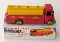 Dinky Toys diecast model Shell Chemicals Limited AEC Tanker with red cab and body and yellow tank